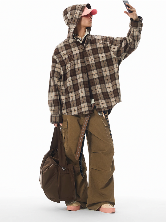 JHYQ Work Plaid Embroidery Hooded Shirt Jacket | Face 3 Face