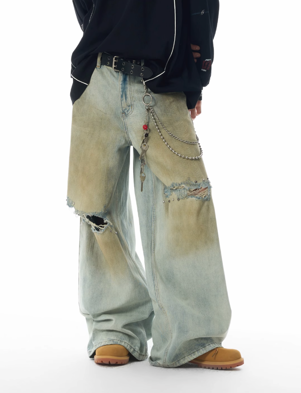 JHYQ Dirty Dye Ripped Rivets Diamonds Baggy Jeans | Face 3 Face