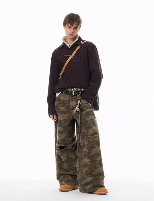 JHYQ Broken Hole Abrasion Camouflage Baggy Work Pants | Face 3 Face