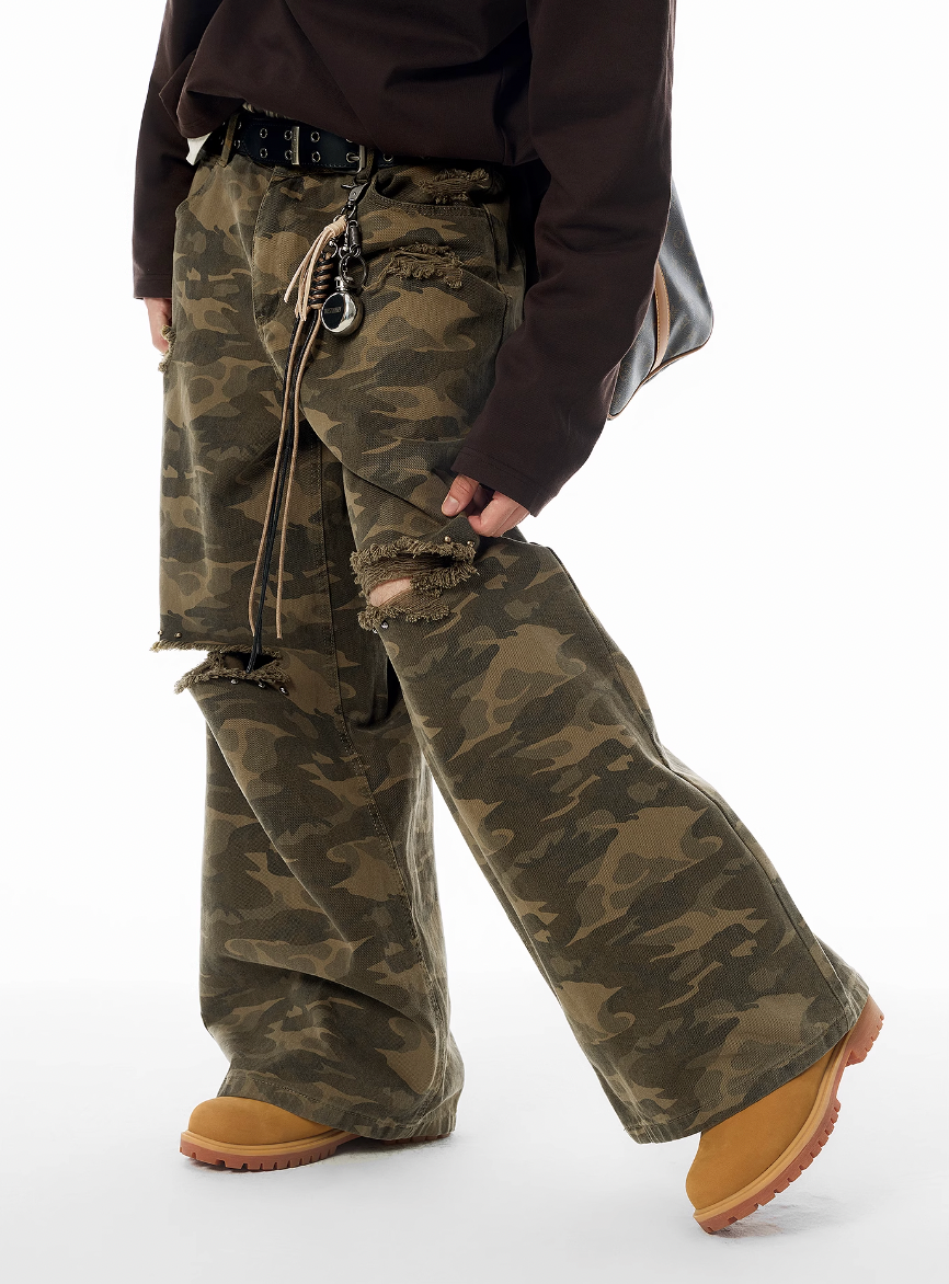 JHYQ Broken Hole Abrasion Camouflage Baggy Work Pants | Face 3 Face