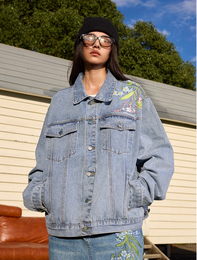 Harsh and Cruel Floral Embroidered Washed Denim Jacket | Face 3 Face