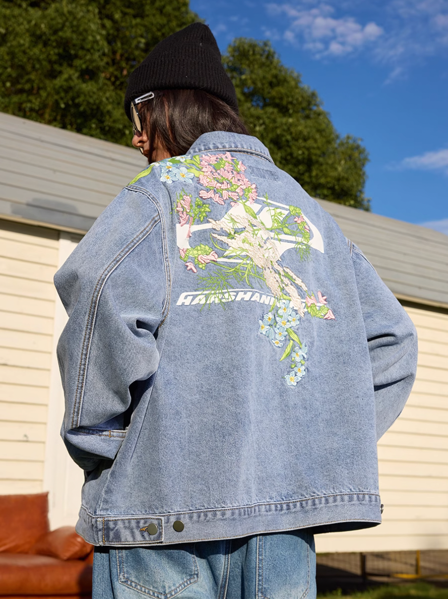 Harsh and Cruel Floral Embroidered Washed Denim Jacket | Face 3 Face