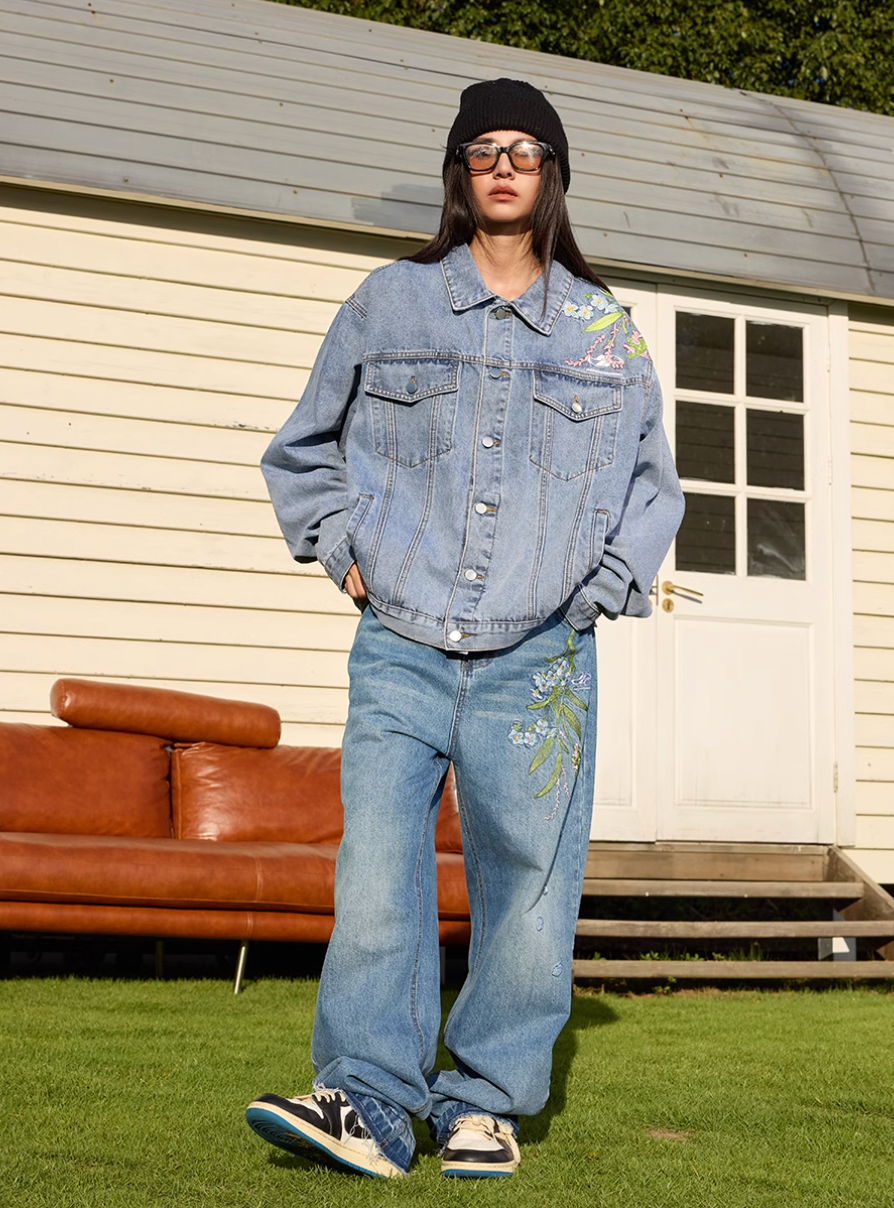 Harsh and Cruel Floral Embroidered Washed Denim Jacket | Face 3 Face