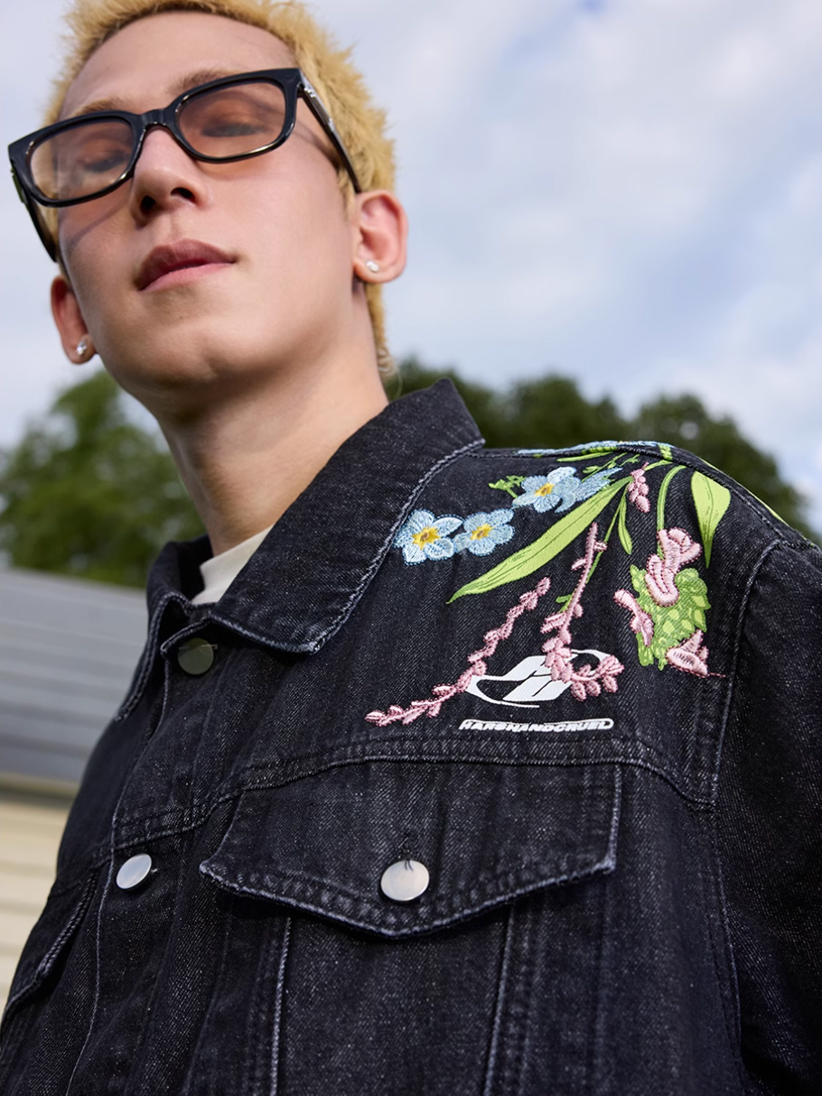 Harsh and Cruel Floral Embroidered Washed Denim Jacket | Face 3 Face