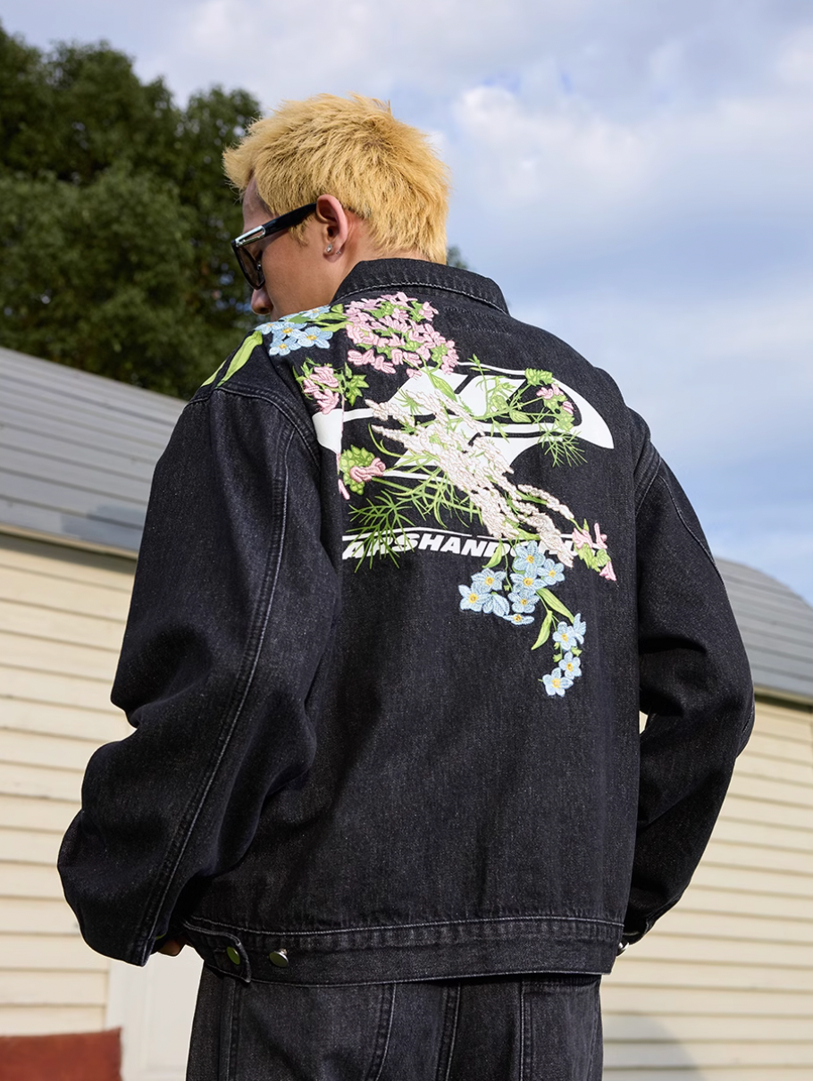 Harsh and Cruel Floral Embroidered Washed Denim Jacket | Face 3 Face