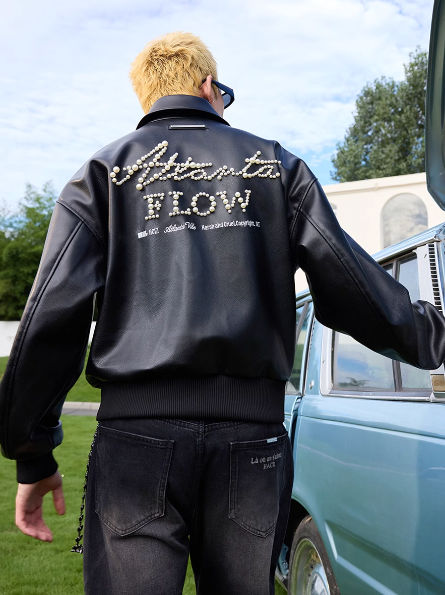 Harsh and Cruel Retro Pearl Embroidered Leather Jacket | Face 3 Face