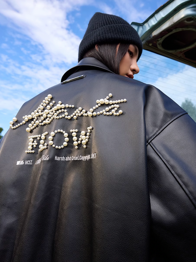 Harsh and Cruel Retro Pearl Embroidered Leather Jacket | Face 3 Face