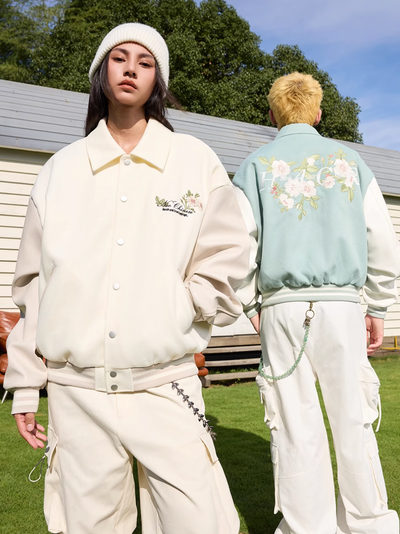 Harsh and Cruel Floral Embroidered Script Baseball Jacket | Face 3 Face