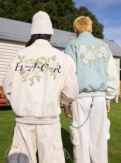 Harsh and Cruel Floral Embroidered Script Baseball Jacket | Face 3 Face