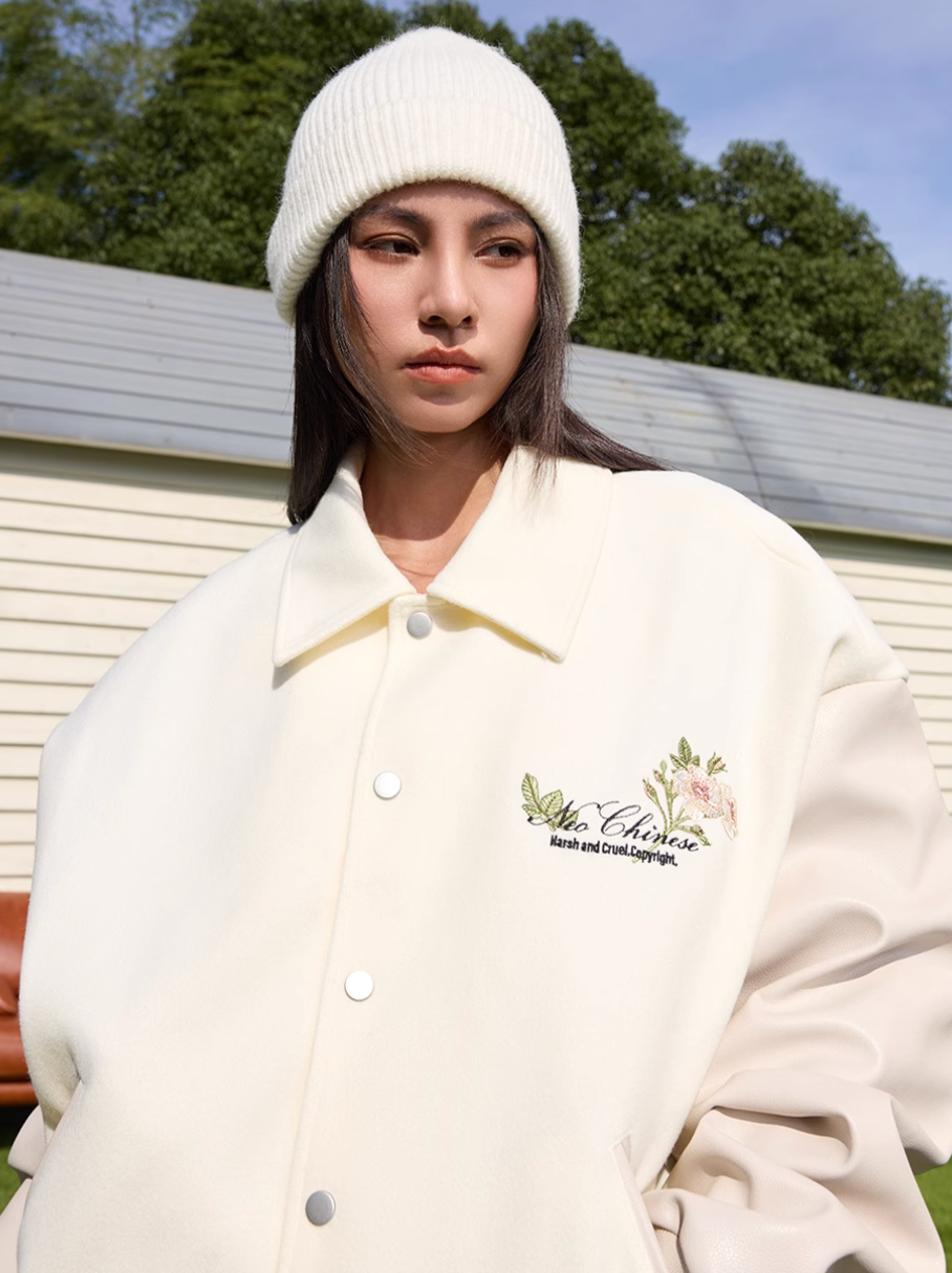 Harsh and Cruel Floral Embroidered Script Baseball Jacket | Face 3 Face