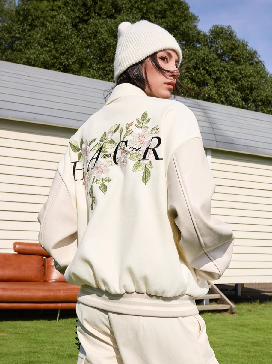 Harsh and Cruel Floral Embroidered Script Baseball Jacket | Face 3 Face