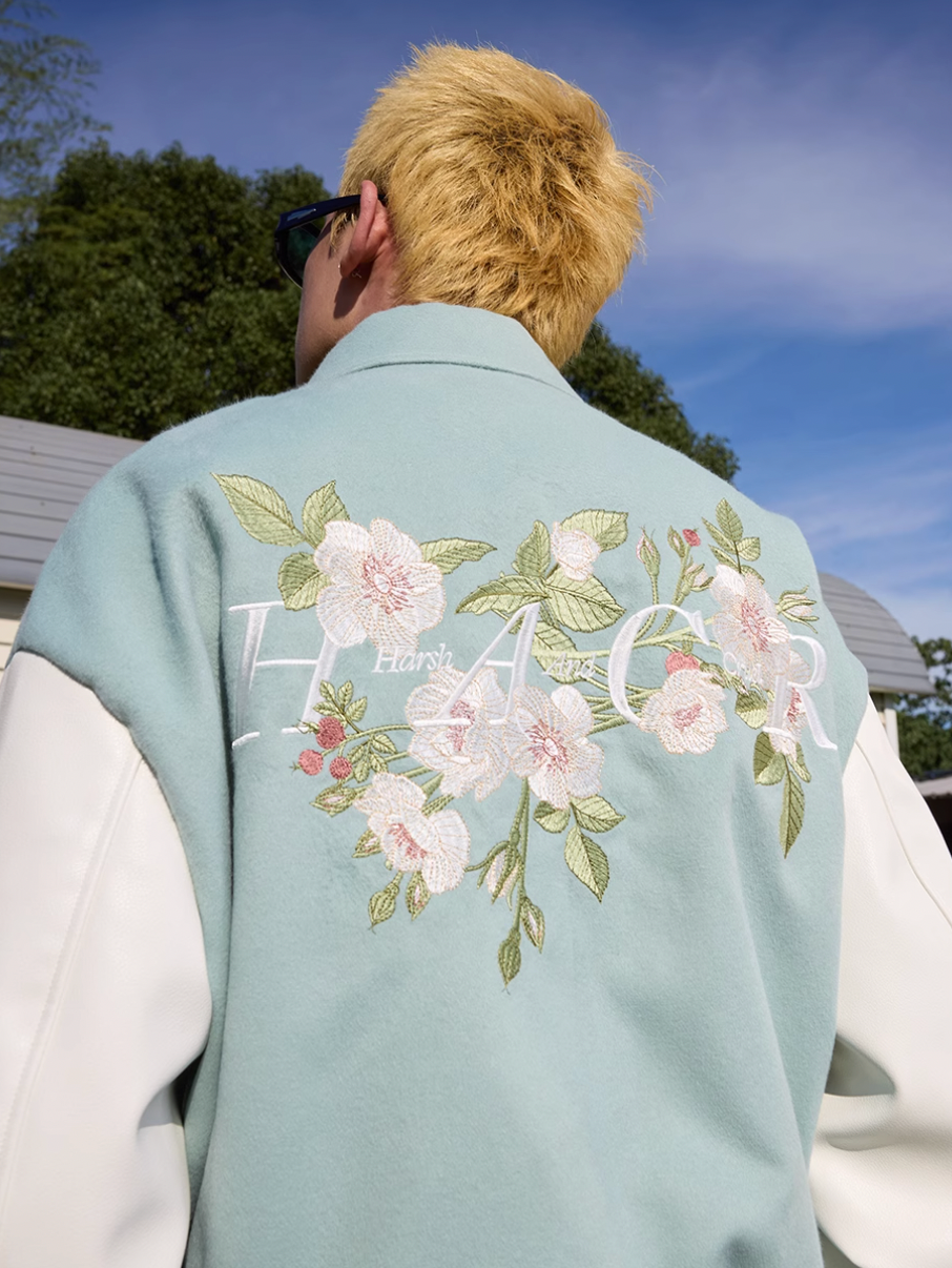 Harsh and Cruel Floral Embroidered Script Baseball Jacket | Face 3 Face