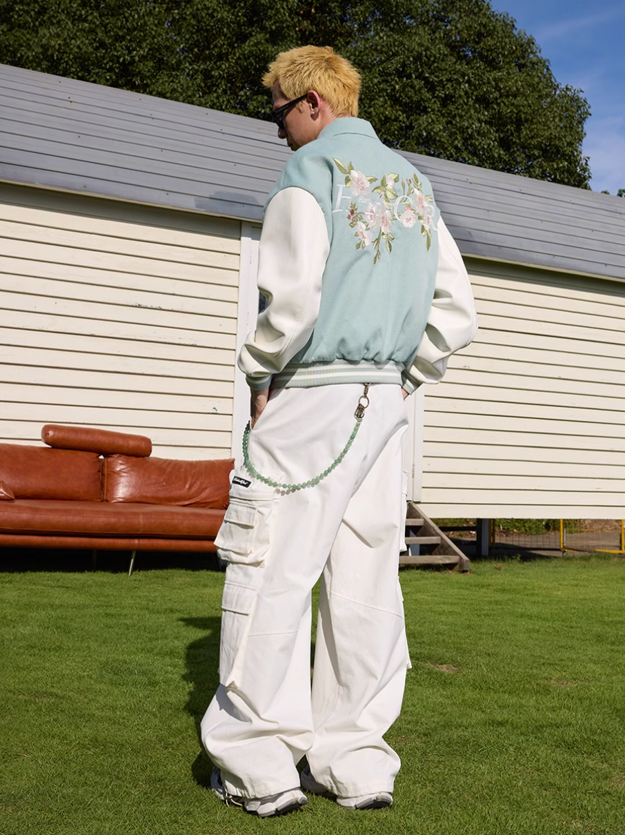 Harsh and Cruel Floral Embroidered Script Baseball Jacket | Face 3 Face