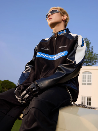 Harsh and Cruel Colorblock Stitched Leather Racing Jacket | Face 3 Face