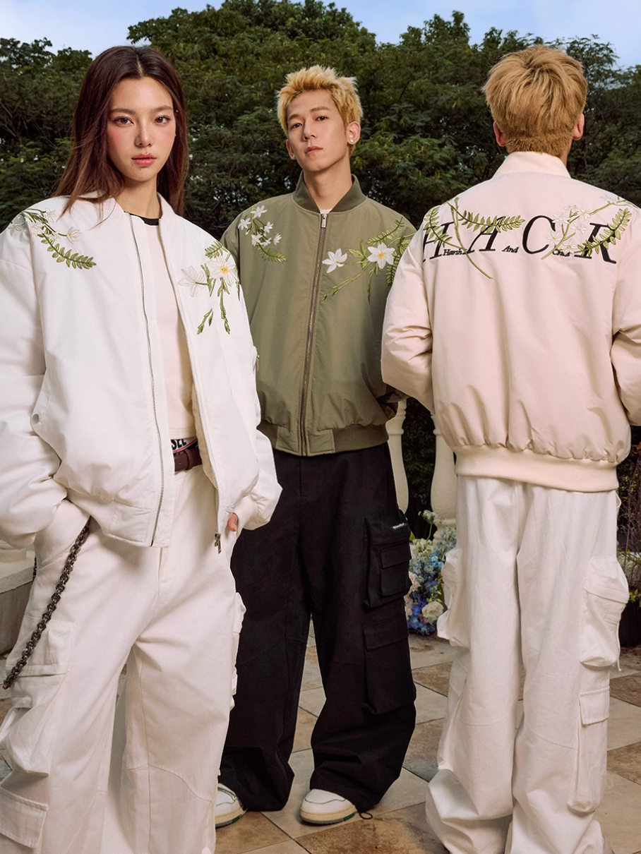 Harsh and Cruel Floral Text Embroidered Bomber Jacket | Face 3 Face