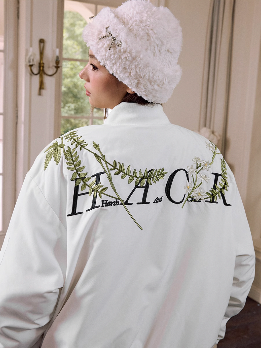 Harsh and Cruel Floral Text Embroidered Bomber Jacket | Face 3 Face