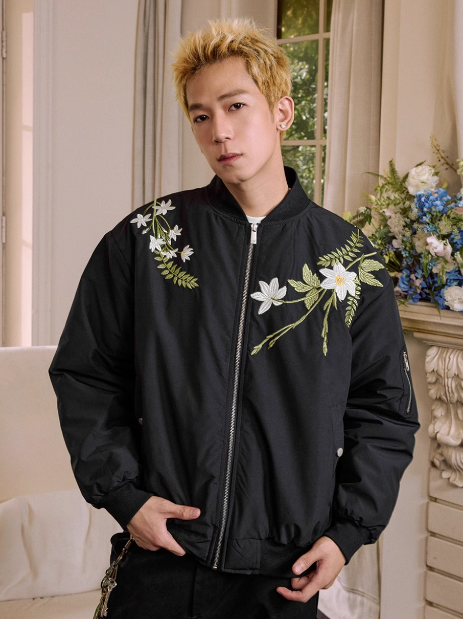 Harsh and Cruel Floral Text Embroidered Bomber Jacket | Face 3 Face