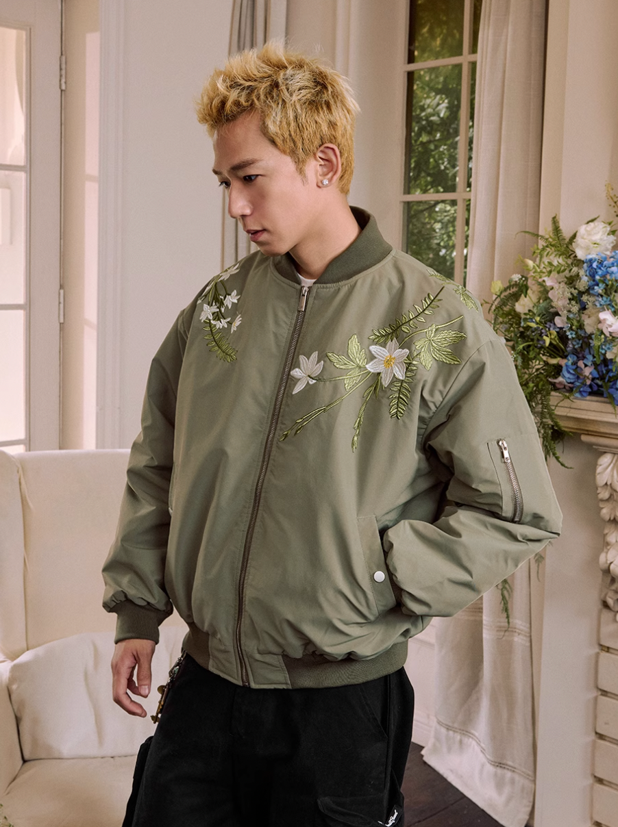 Harsh and Cruel Floral Text Embroidered Bomber Jacket | Face 3 Face