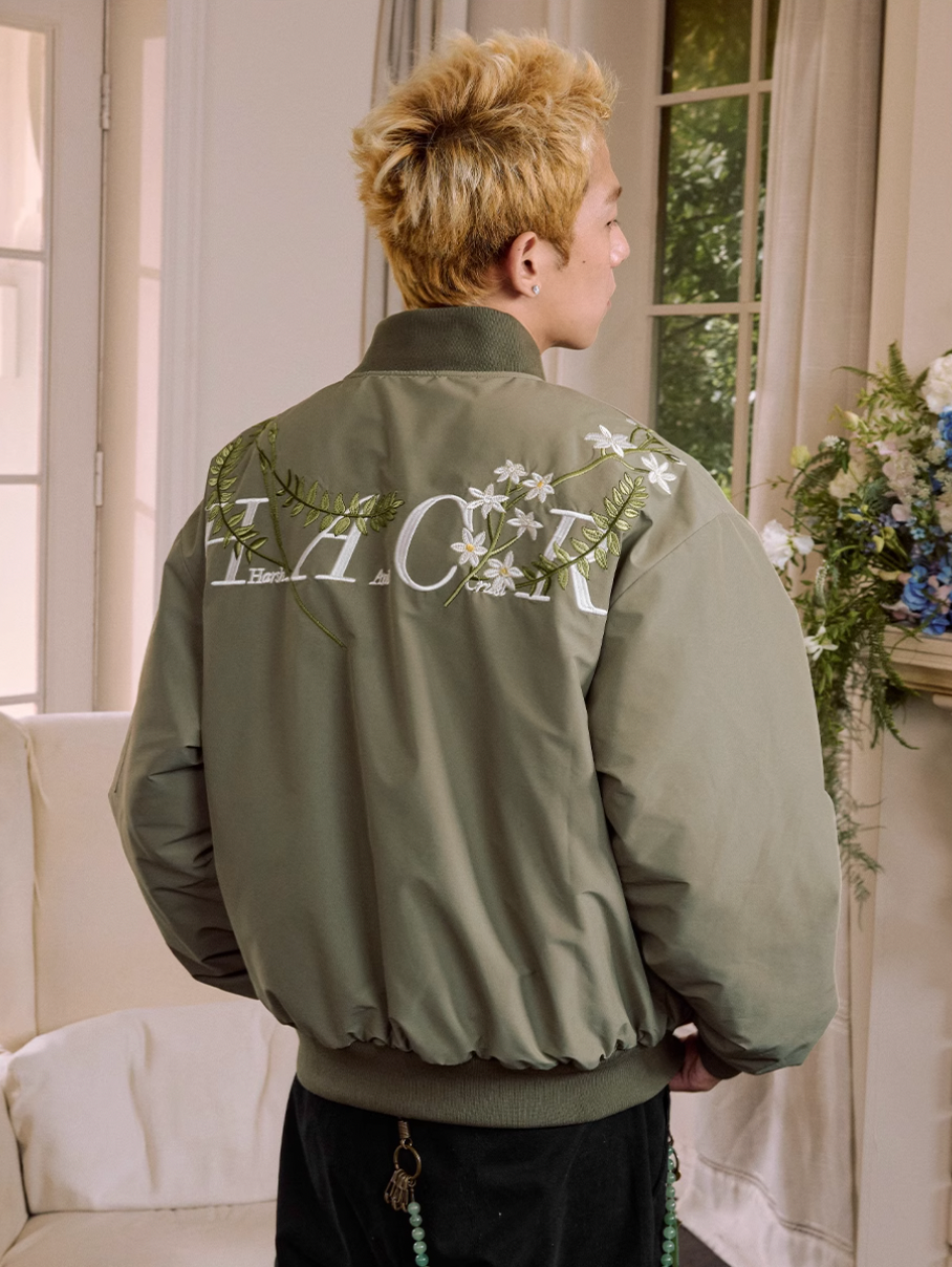 Harsh and Cruel Floral Text Embroidered Bomber Jacket | Face 3 Face