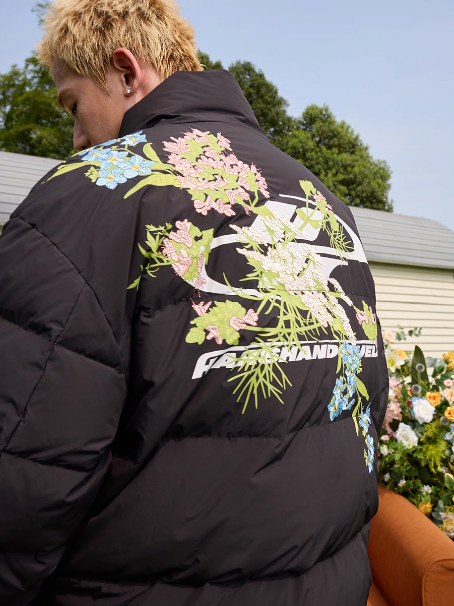 Harsh and Cruel Floral Logo Embroidered Puffer Jacket | Face 3 Face