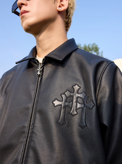 Harsh and Cruel Metal Cross Logo Textured Leather Jacket | Face 3 Face