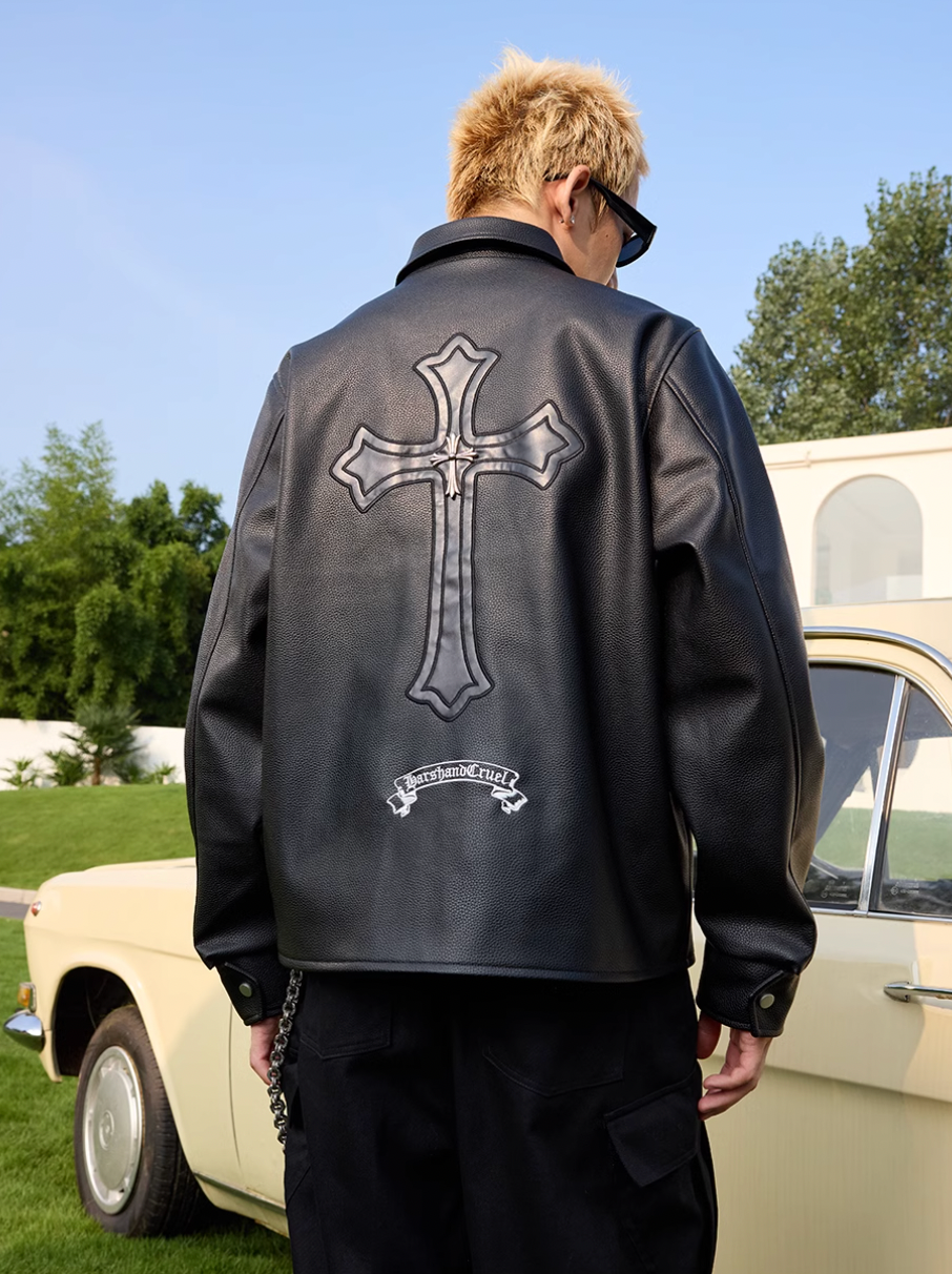 Harsh and Cruel Metal Cross Logo Textured Leather Jacket | Face 3 Face