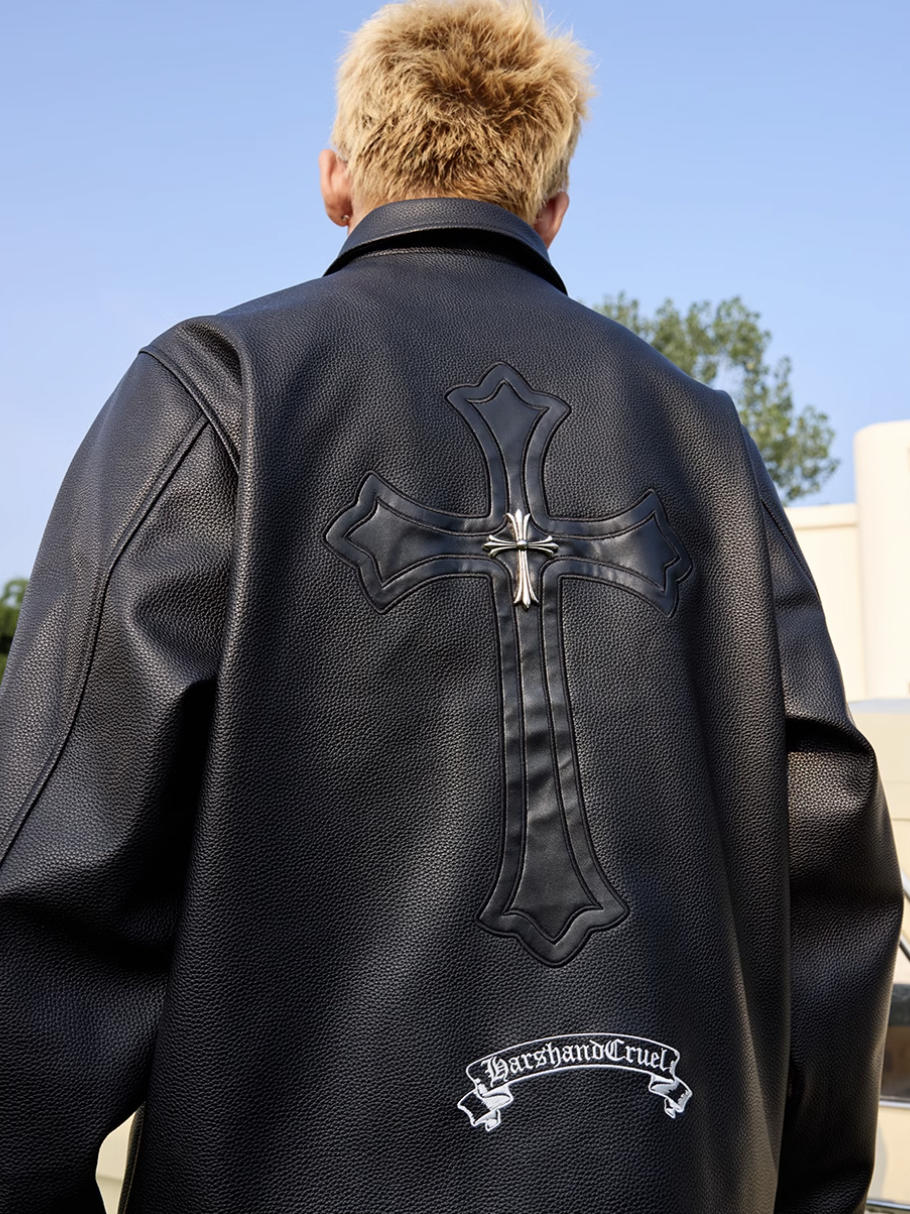 Harsh and Cruel Metal Cross Logo Textured Leather Jacket | Face 3 Face