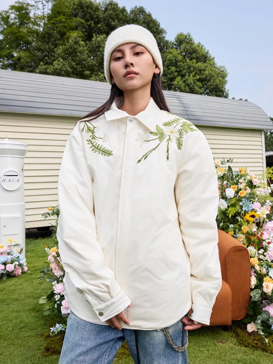 Harsh and Cruel Minimalist Floral Embroidered Down Shirt Jacket | Face 3 Face