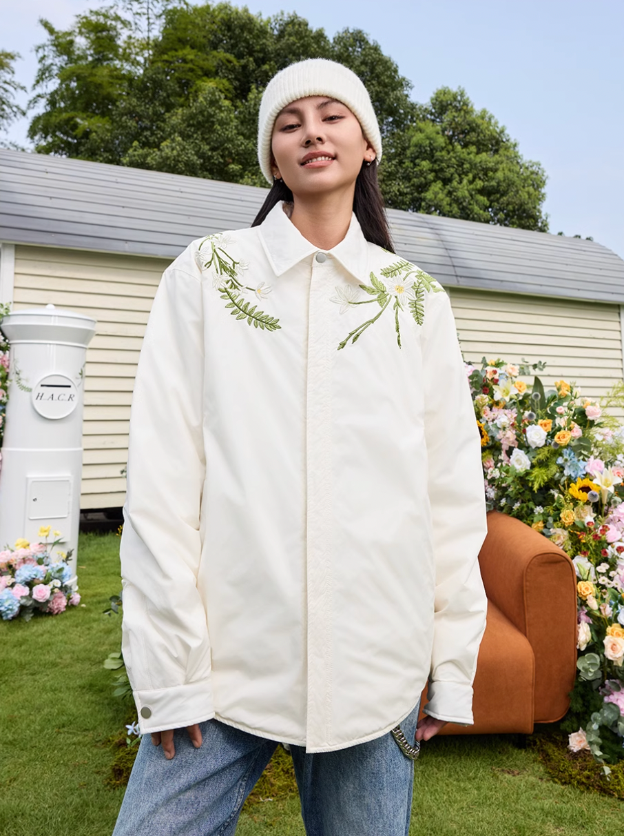 Harsh and Cruel Minimalist Floral Embroidered Down Shirt Jacket | Face 3 Face