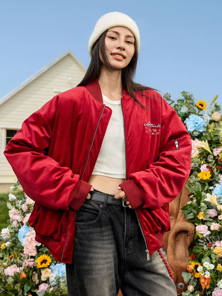 Harsh and Cruel Velvet Pearl Embroidered Bomber Jacket | Face 3 Face