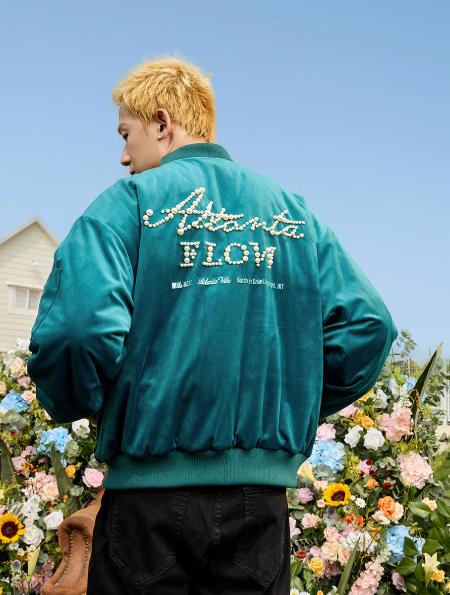 Harsh and Cruel Velvet Pearl Embroidered Bomber Jacket | Face 3 Face