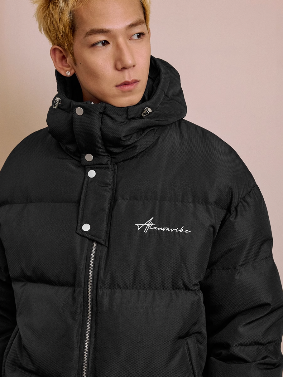 Harsh and Cruel Handwritten Embroidery Hooded Down Jacket | Face 3 Face