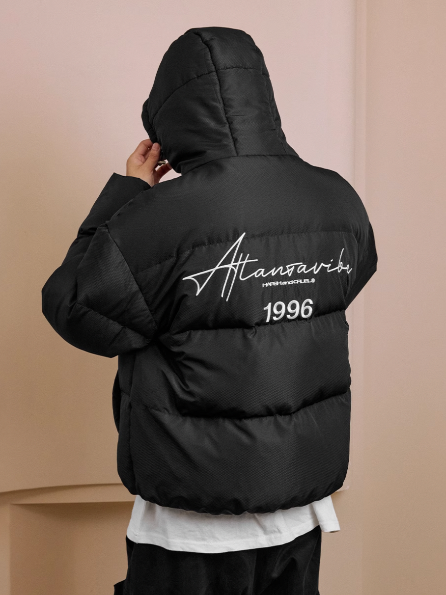 Harsh and Cruel Handwritten Embroidery Hooded Down Jacket | Face 3 Face