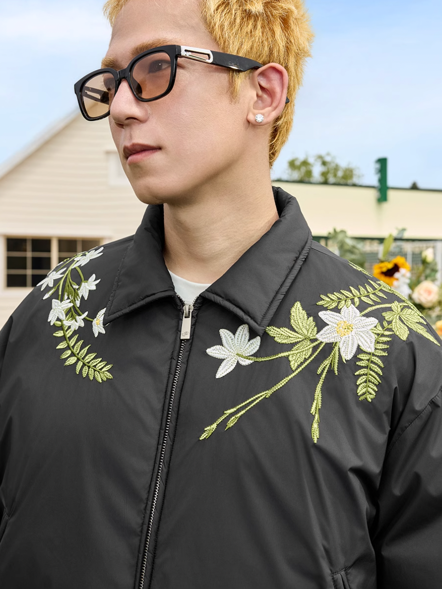 Harsh and Cruel Floral Embroidery Lapel Collar Down Jacket | Face 3 Face