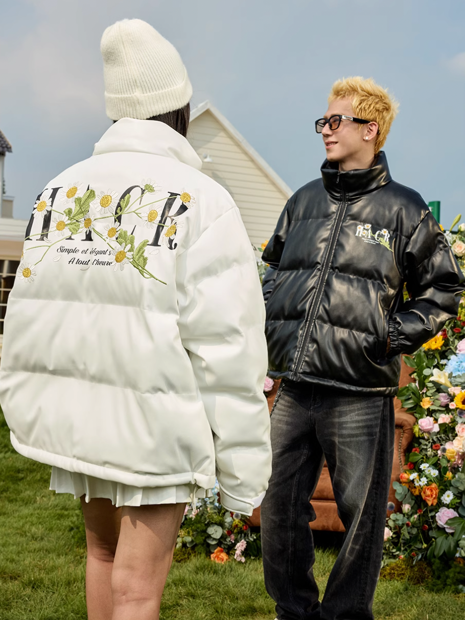 Harsh and Cruel Daisy Embroidery PU Padded Jacket | Face 3 Face