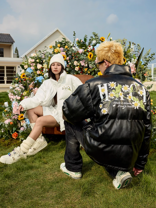 Harsh and Cruel Daisy Embroidery PU Padded Jacket | Face 3 Face