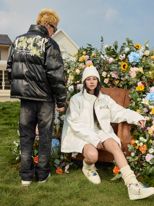 Harsh and Cruel Daisy Embroidery PU Padded Jacket | Face 3 Face