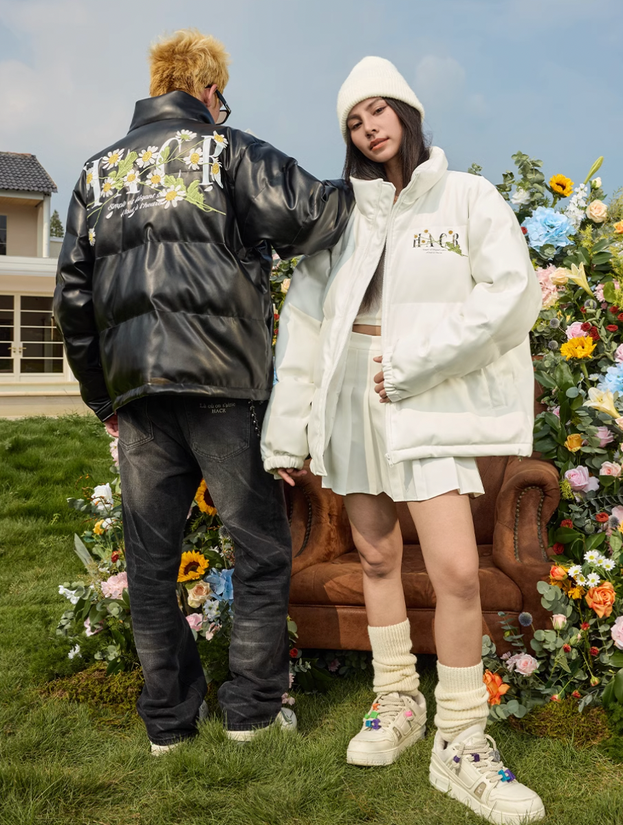 Harsh and Cruel Daisy Embroidery PU Padded Jacket | Face 3 Face