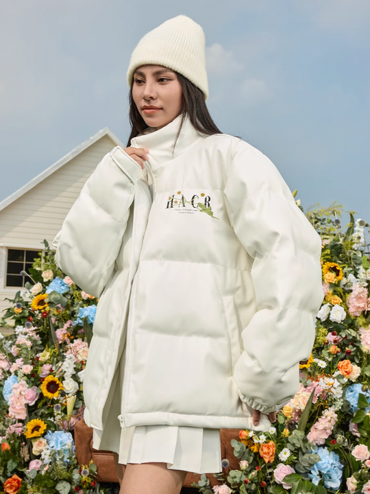 Harsh and Cruel Daisy Embroidery PU Padded Jacket | Face 3 Face