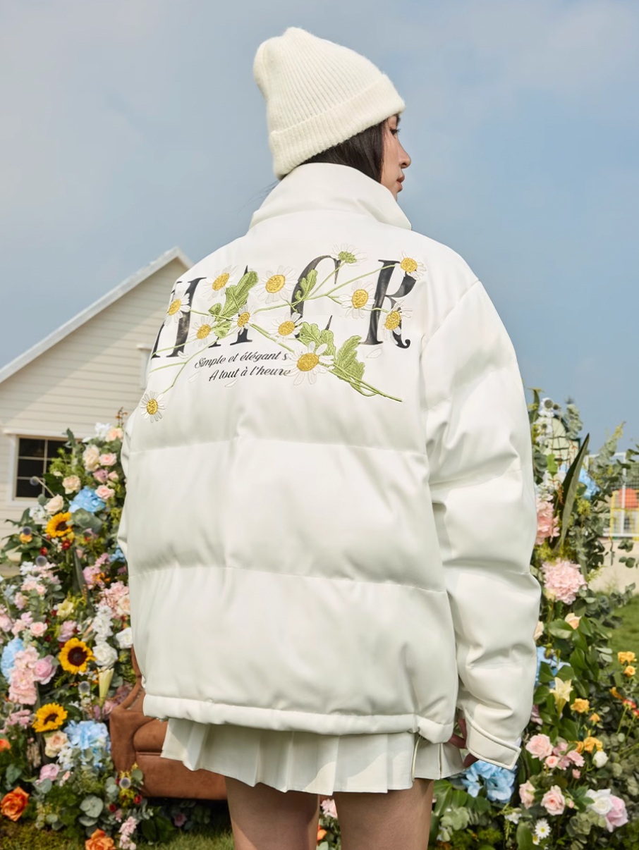 Harsh and Cruel Daisy Embroidery PU Padded Jacket | Face 3 Face