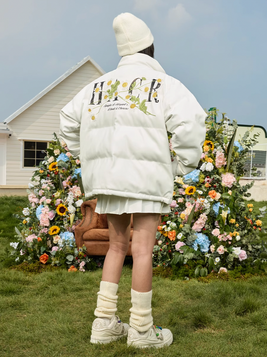 Harsh and Cruel Daisy Embroidery PU Padded Jacket | Face 3 Face