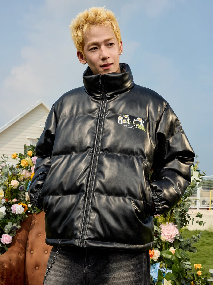 Harsh and Cruel Daisy Embroidery PU Padded Jacket | Face 3 Face