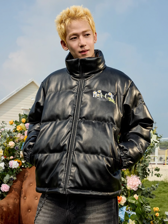 Harsh and Cruel Daisy Embroidery PU Padded Jacket | Face 3 Face