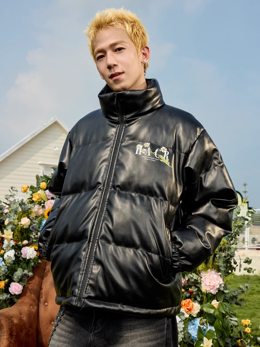 Harsh and Cruel Daisy Embroidery PU Padded Jacket | Face 3 Face