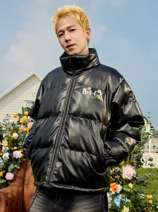 Harsh and Cruel Daisy Embroidery PU Padded Jacket | Face 3 Face