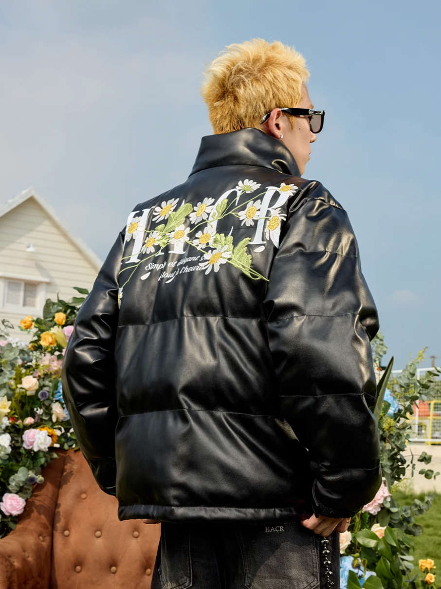 Harsh and Cruel Daisy Embroidery PU Padded Jacket | Face 3 Face