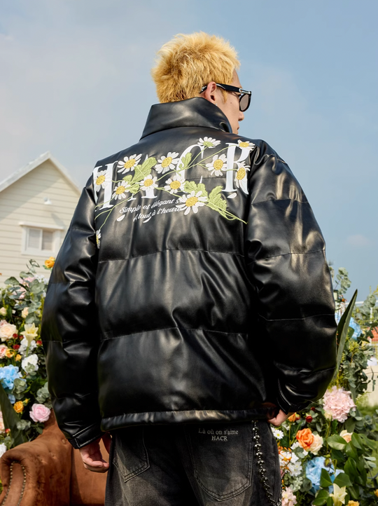 Harsh and Cruel Daisy Embroidery PU Padded Jacket | Face 3 Face