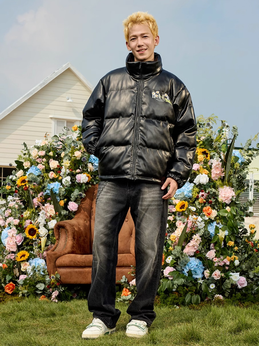 Harsh and Cruel Daisy Embroidery PU Padded Jacket | Face 3 Face