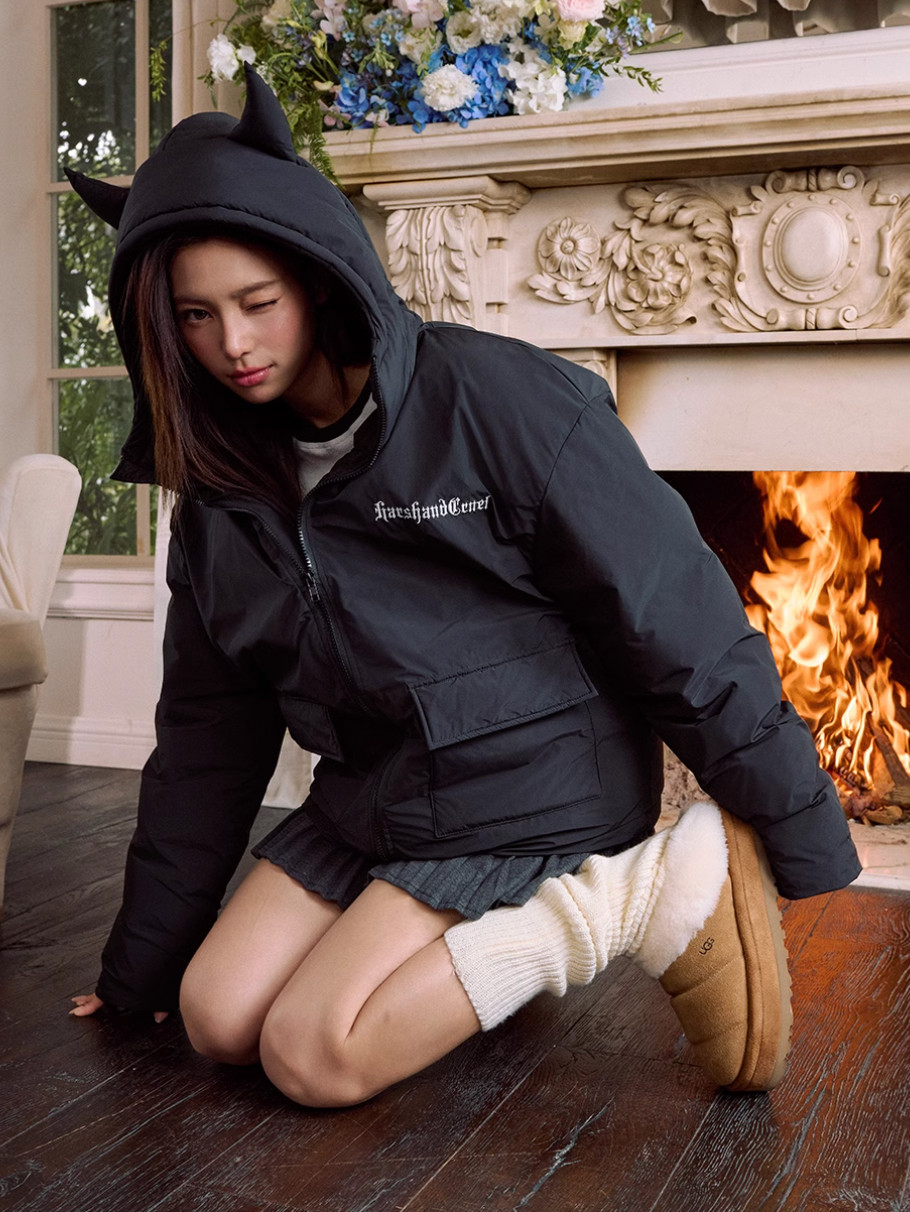 Harsh and Cruel Devil Lace Patch Embroidery Hooded Puffer Jacket | Face 3 Face