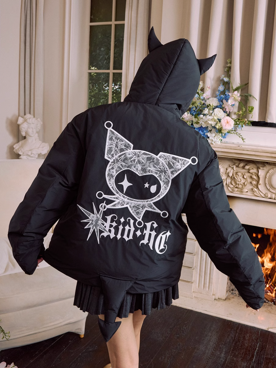 Harsh and Cruel Devil Lace Patch Embroidery Hooded Puffer Jacket | Face 3 Face